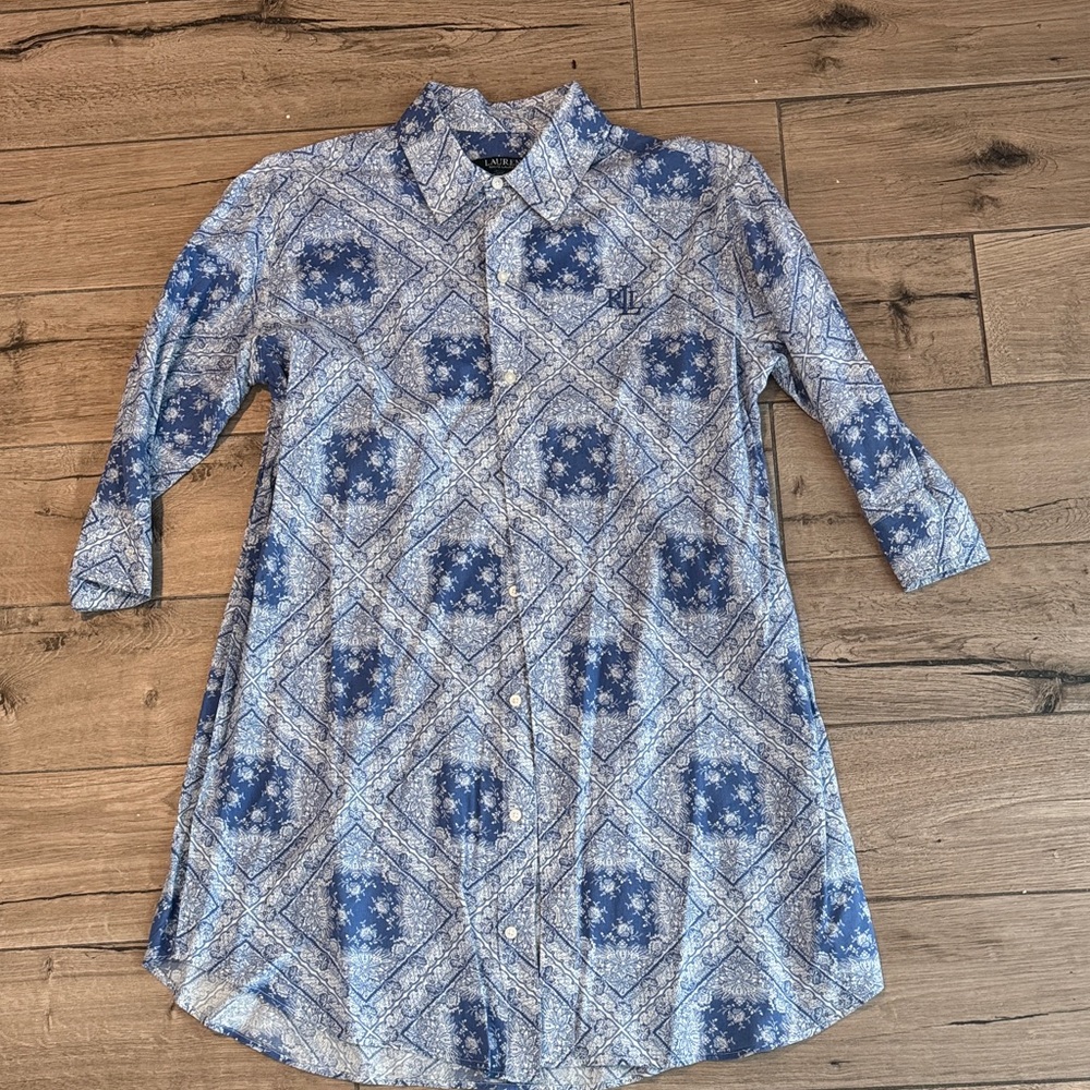 Lauren Ralph Lauren Blue Patterned Button-Down Shirt Dress